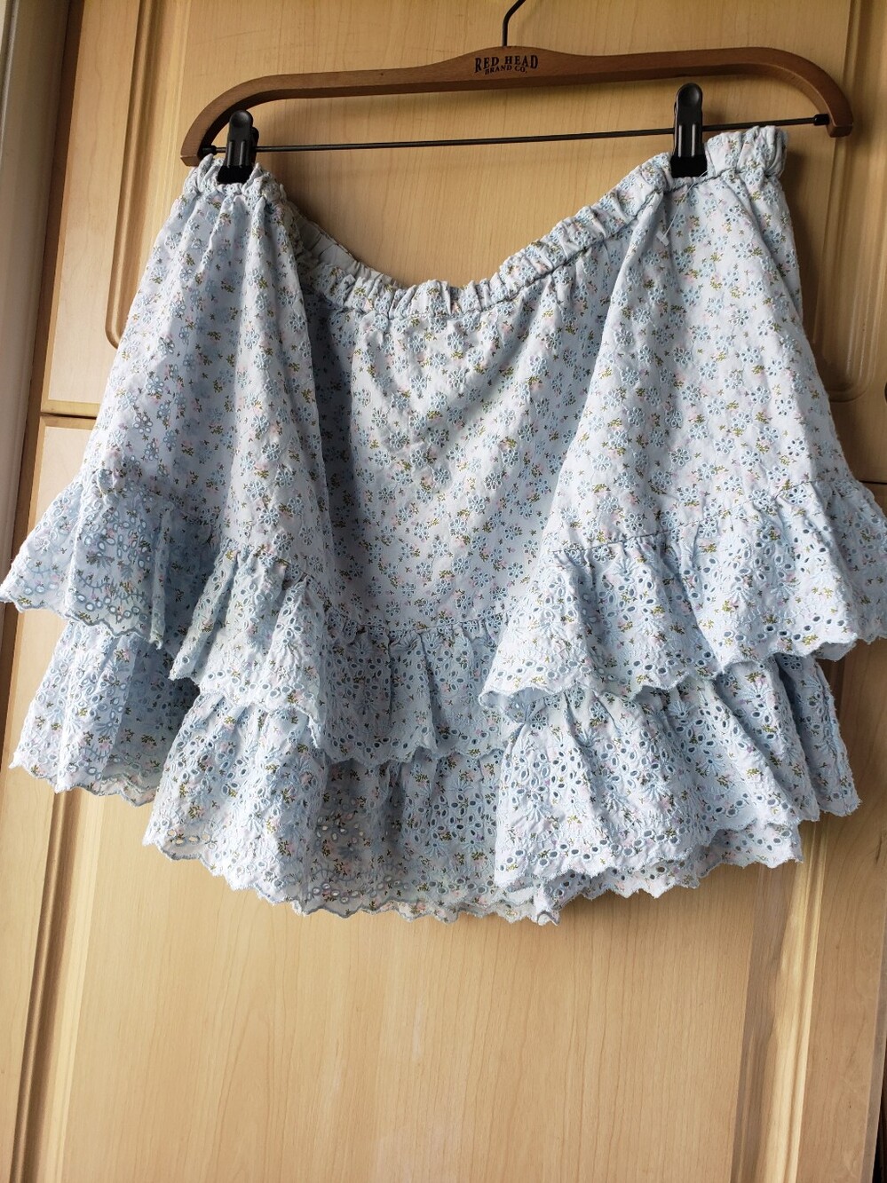 Lucky Brand 100% Cotton Light Blue Eyelet Hem Skirt with Floral Embroidery
